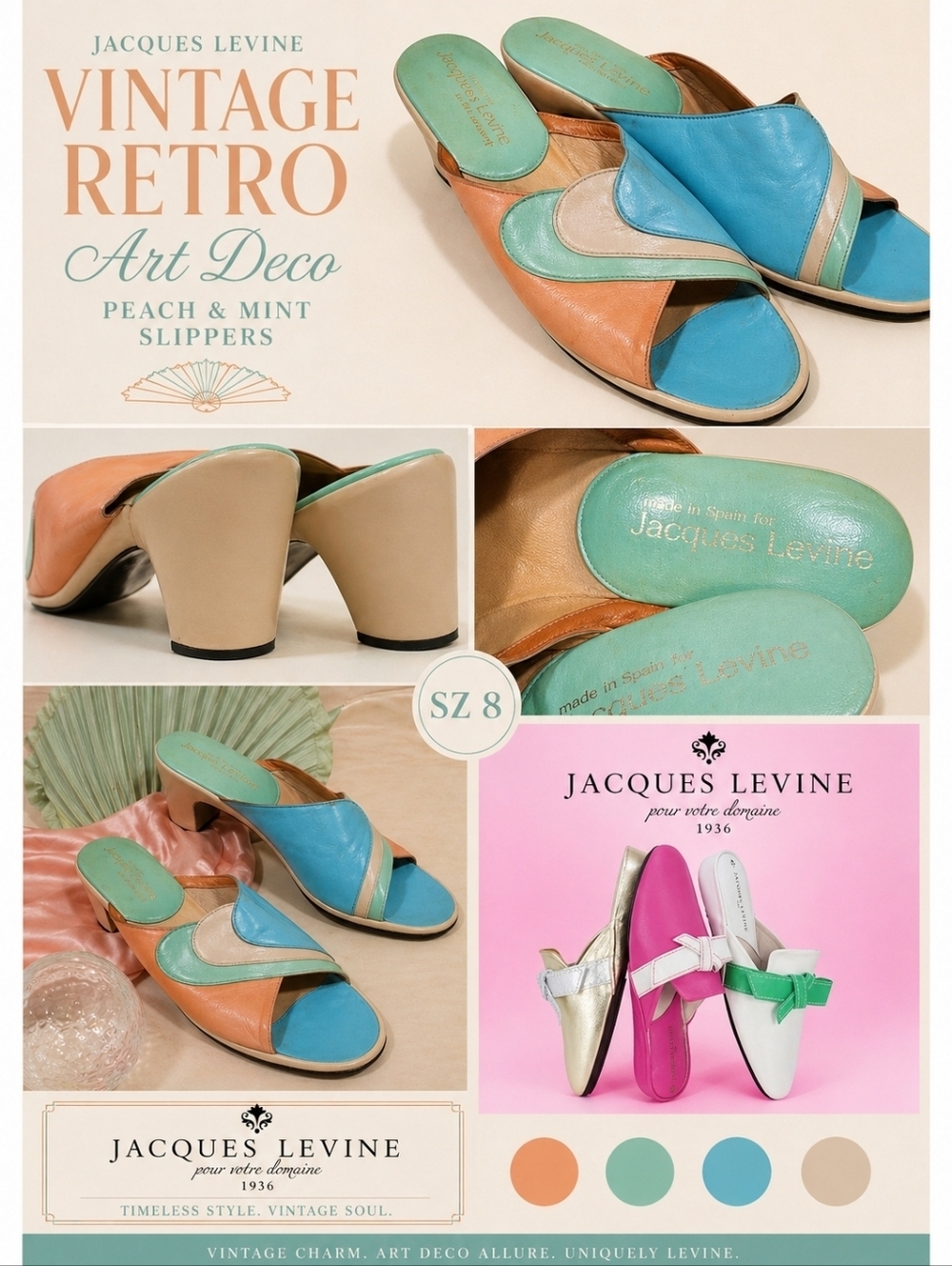 Sz 8 Jacques Levine Vintage House Retro Art Deco Peach Mint Slippers Shoes